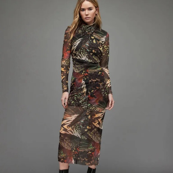 NWT $219.00 SZ 0 ALLSAINTS Tia Gene Butterfly Print Mesh Midi Dress - Picture 1 of 3
